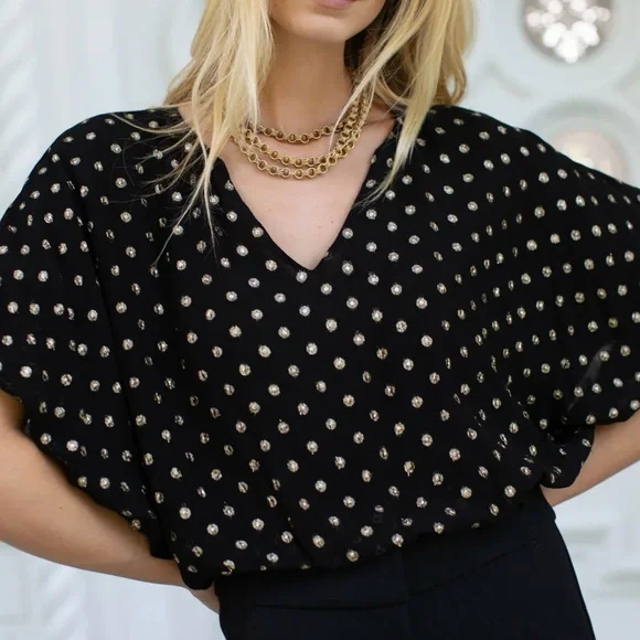 NWT Marea by Liz Joy Mary Top in Black Gold Dot M - Picture 1 of 7